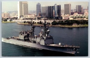 Military~ USS Kinkaid Destroyer Ship In City Harbor~Vtg Postcard