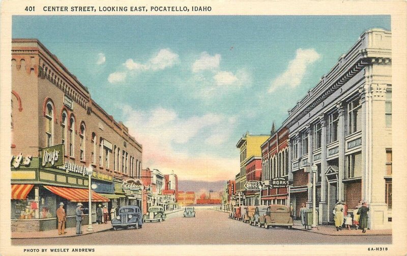 Postcard Idaho Pocatello Center Street looking east autos Andrews Teich 23-8286