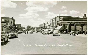 West Little Falls MN Street View Store Fronts Old Cars RPPC Real Photo Postcard