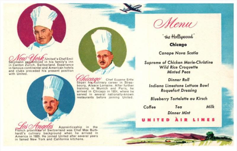 16704  United Airlines Menu   The Hollywood  Chef's Emil Salzmann, Eugene Ert...