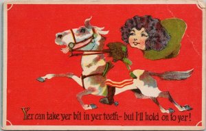 Woman on Horse Cowgirl 'Hold On Fo Yer' GD & D Postcard H27 *as is