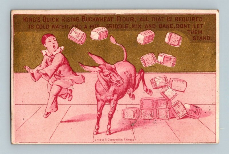 1880 Clown Jackass King's Quick Rising Buckwheat Flour Victorian Trade Card