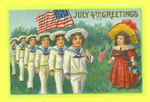 JULY 4th POSTCARD  LIL SAILORS MARCH IN WHITES W/ FLAG