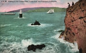 Vintage Postcard Fishing In The Golden Gate Lands End San Francisco California 