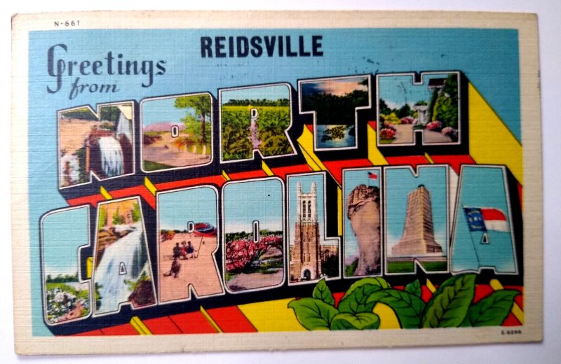 Greetings From Reidsville North Carolina Large Big Letter Linen Postcard 1944