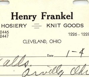 1937 HENRY FRANKEL CLEVELAND OHIO HOSIERY KNIT GOODS BILLHEAD INVOICE Z2491