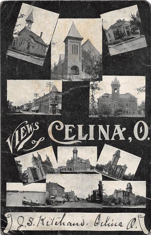 E55/ Celina Ohio Postcard 1909 Views11 Court House School Church