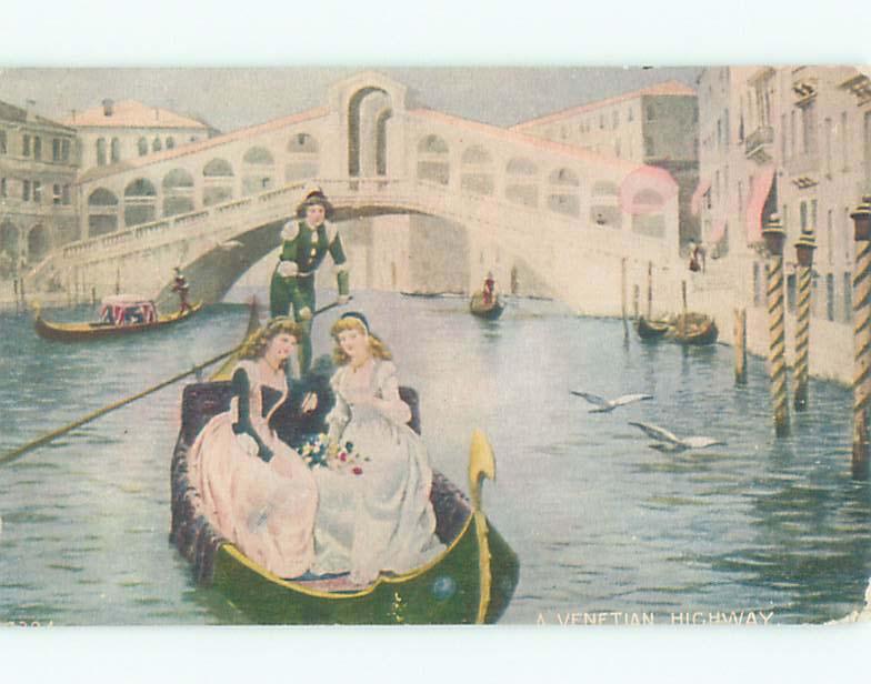 Pre-Linen PRETTY GIRLS RIDING IN GONDOLA BOAT IN VENICE ITALY J3558