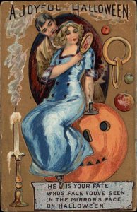 Halloween Beautiful Woman Handsome Man Huge JOL Mirror Embossed Postcard