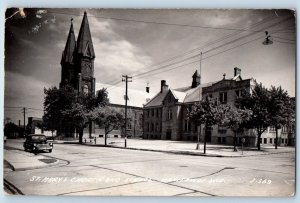 Manitowoc Wisconsin Postcard RPPC Photo St. Mary's Church And School Car Scene