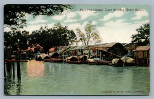 CANTON RIVER CHINA HOUSE BOATS ANTIQUE POSTCARD printed in HONG KONG