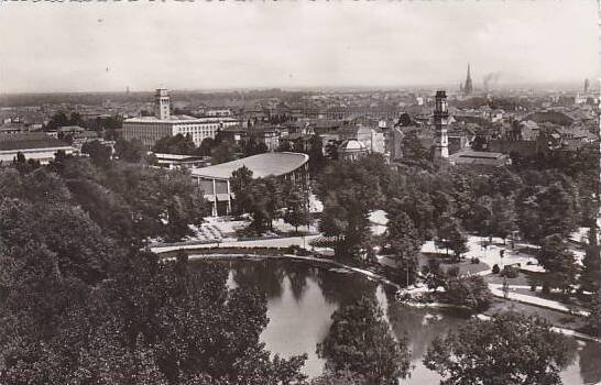 Germany Karlsruhe Blick auf Stadtgarten und Schwarzwaldhalle Real Photo