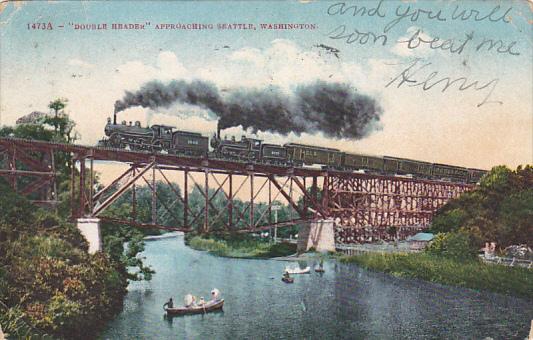 Double Header Twin Locomotive Train Approaching Seattle Washington 1910