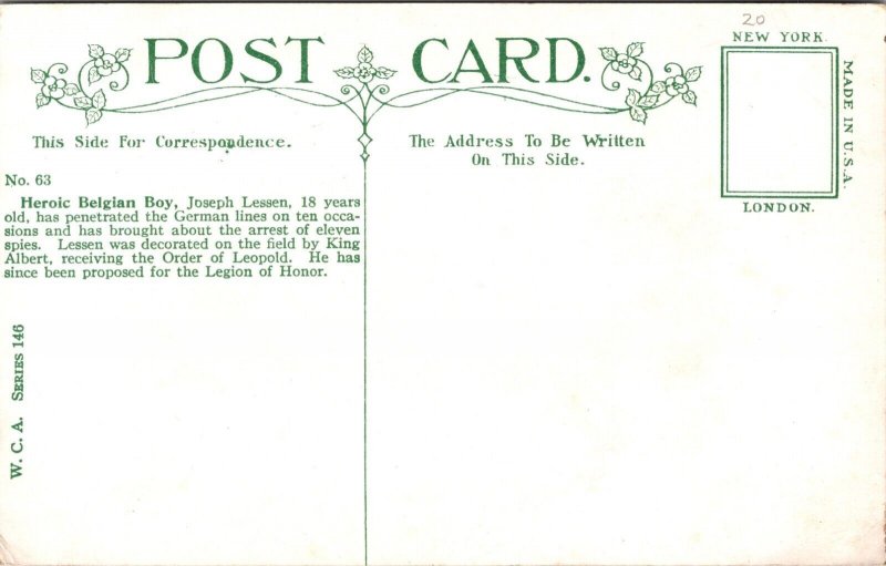 Photo Postcard Heroic Belgian Joseph Lessen Caught 11 Spies WWII Propaganda