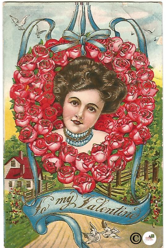 Beautiful Woman in Wreath of Red Roses To My Valentine Vintage Postcard Gold