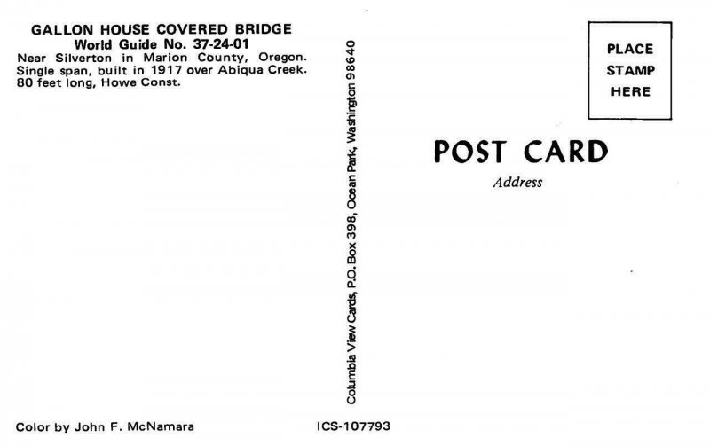 GALLON HOUSE COVERED BRIDGE Marion County, OR Abiqua Creek Vintage Postcard