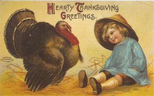 Little girl with turkey  Modern English repro of old  Thanksgiving Greetings P