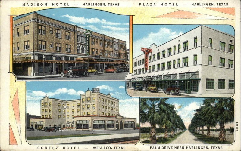Harlingen Texas TX Plaza Hotel Cortez Hotel Madison Hotel c1920s-30s Postcard