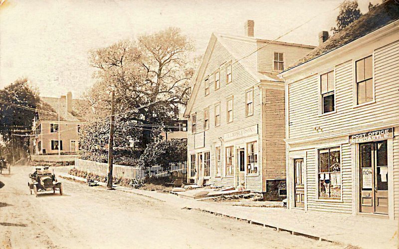 Newcastle ME Post Office Storefronts, Old Car, Real Photo Postcard