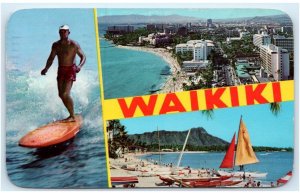 WAIKIKI, HI Hawaii ~ Beach Scene, SURFER Diamond Head 1964 Postcard