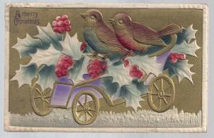 Merry Christmas - Birds in Car deep embossed - c1910 #90175