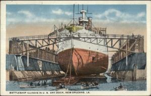 New Orleans LA Naval Battleship Illinois in Cry Dock c1920 Postcard