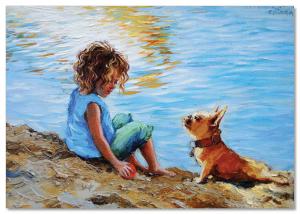 Pretty Little Girl Sea Coast Beach with Dog Russia Modern postcard