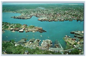Cape Ann Massachusetts MA Postcard Air View Gloucester Harbor Rocky Neck c1960