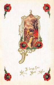 Avery~Country Cottage Outdoor Fire~Art Nouveau~Red Poppies in Corner~Gold Emboss