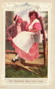 Vintage Postcard Lovers Couple At The Fence The Sweetest Story Ever Told Romance