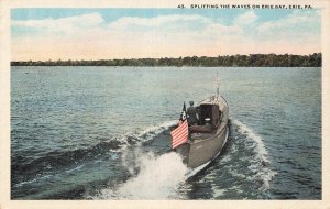 ERIE PENNSYLVANIA~POWER BOAT SPLITTING THE WAVES ON ERIE BAY~HAMM PUBL POSTCARD