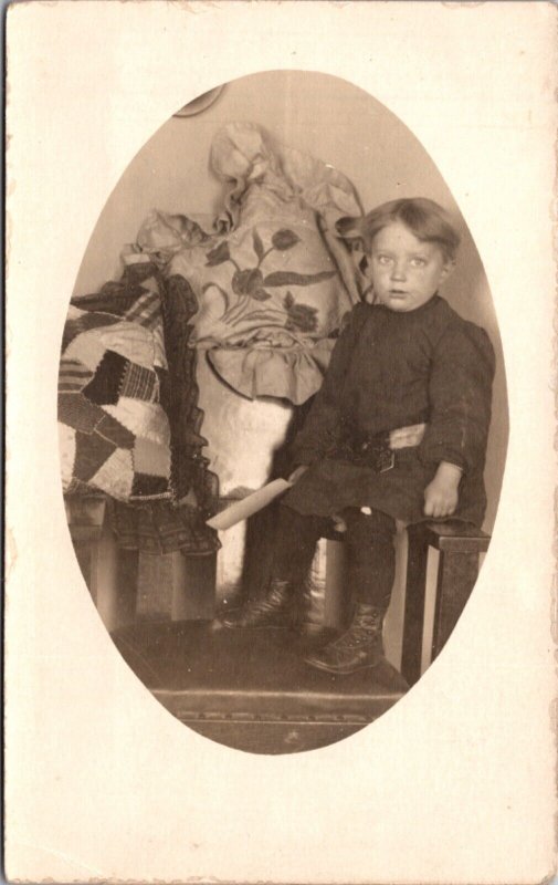 Real Photo Postcard Sweet Little Boy Frankie Sitting on Arm of Chair