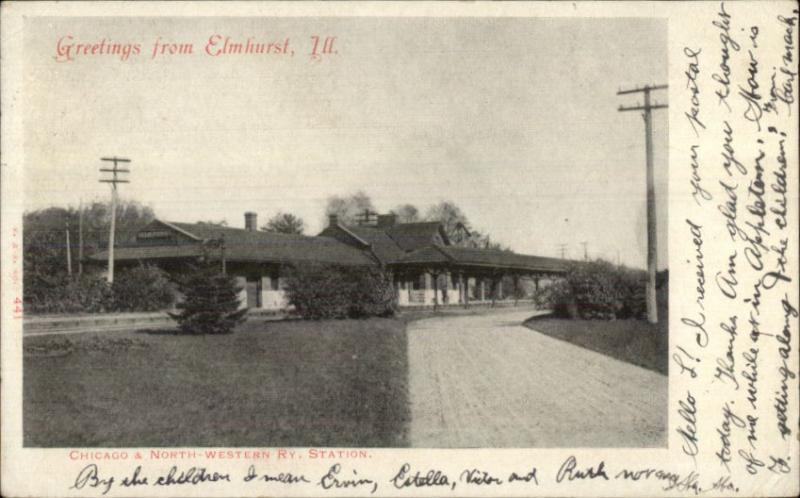 Elmhurst IL RR Train Station Depot c1905 Postcard