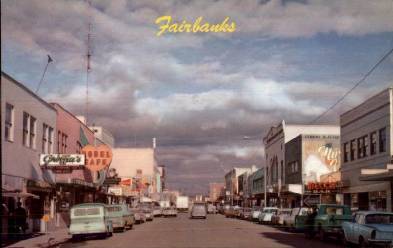 Fairbanks AK Street Scene Old Cars & Stores c1950s Postcard