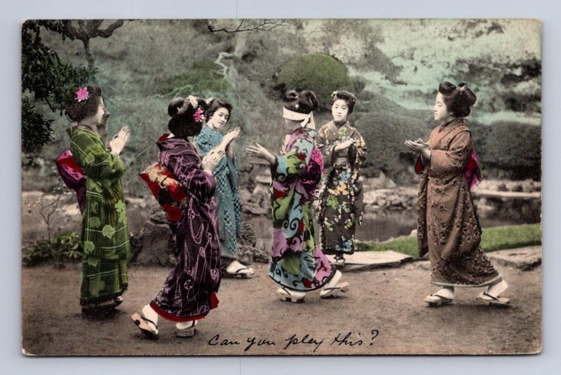 GEISHA BLINDFOLD GAME JAPAN TO BALTIMORE MARYLAND POSTCARD EXCHANGE (c. 1910)