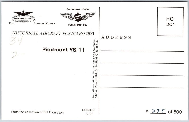 Airplane Piedmont N245P YS-11 Bill Thompson Collection Postcard