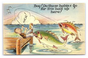 Boy! Do These Babies Go For Live Bait Up Here! Comic Exaggeration Postcard