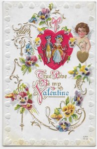 True Love Be My Valentine Pansies Cupid Heart Mailed Embossed