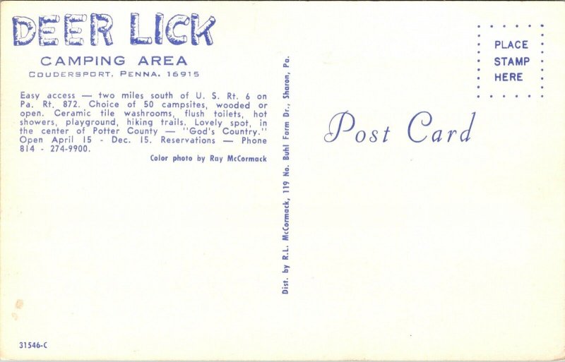 Postcard Deer Lick Camping Area in Coudersport, Pennsylvania~136274