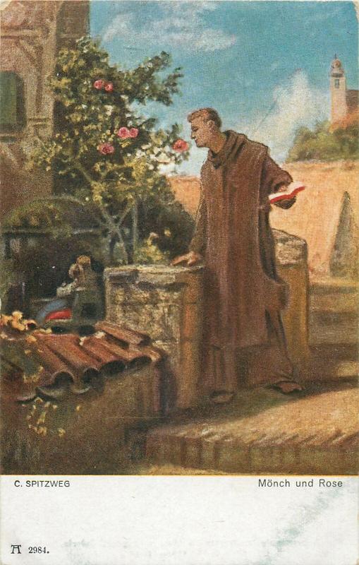 Monk and rose by C. Spitzweg early art postcard