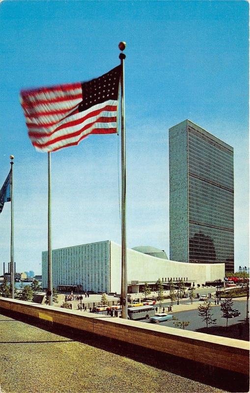 New York City~United Nations Building~Old Glory Flying~50s Cars & Bus~Postcard