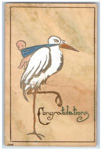 Lansing Michigan MI Postcard Congratulations Stork Baby Hand Painted Drawn Art