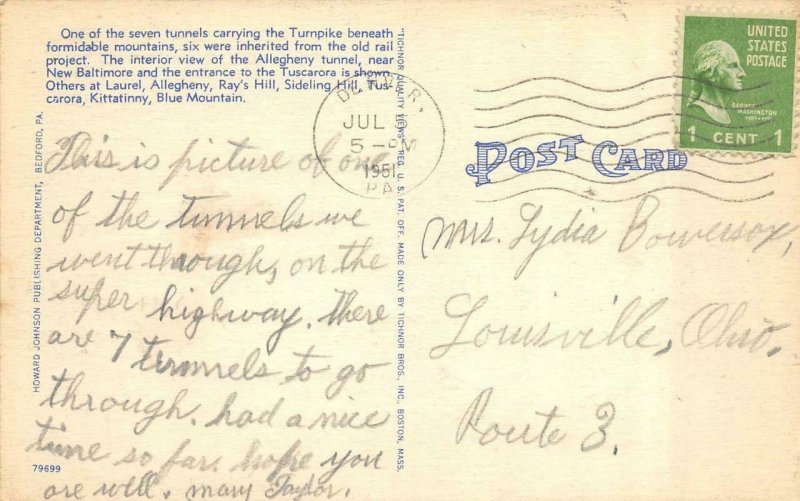 PA, TUNNEL~PENNSYLVANIA TURNPIKE Interior~Exterior 1951 Tichnor Linen Postcard