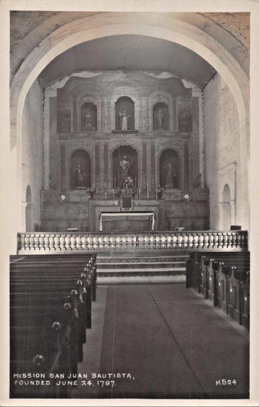 CALIFORNIA~MISSION SAN JUAN BAUTISTA INTERIOR REAL PHOTO POSTCARD 