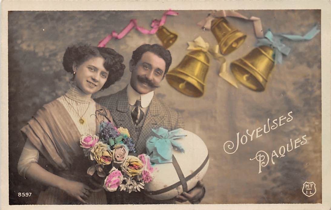 Joyeuses Paques Easter Couple Vintage Bells Eggs Flowers Fleurs Hippostcard