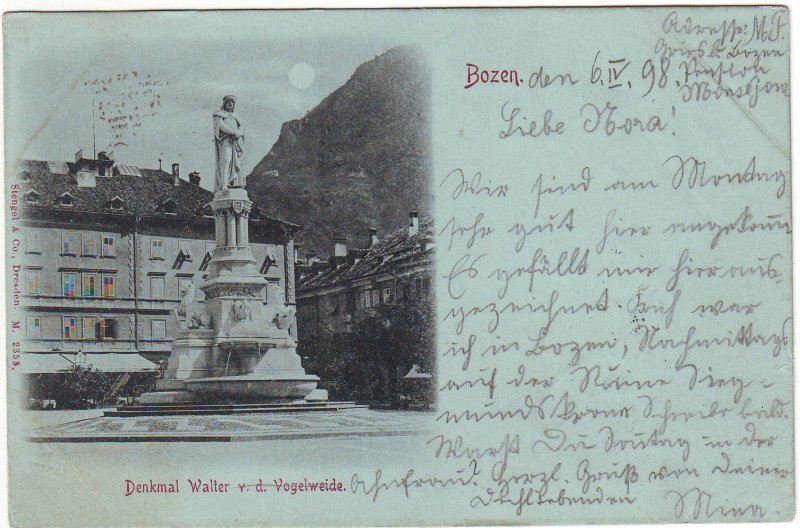 Bozen 1898 Postcard – Walther von der Vogelweide Fountain Monument