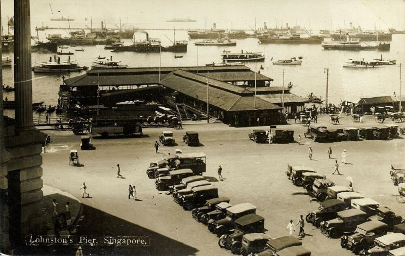 singapore, Johnston's Pier, Bus Cars, Ships (1910s) RPPC