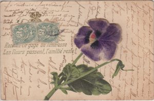 Velvet fabric heart ease purple flower fantasy greetings vintage postcard France 