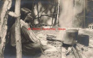 Native American Indian, RPPC, Woman Making Bread & Cooking inside Home