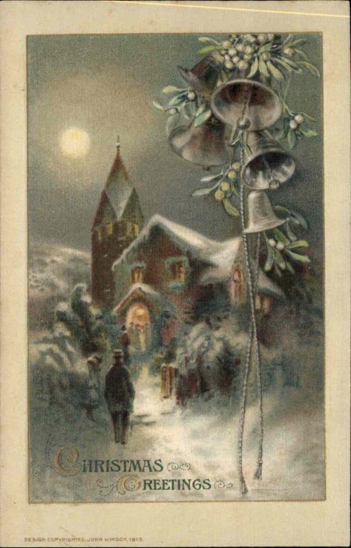 Christmas Winter Scene Bells Winsch Embossed c1900-20s Vintage Postcard
